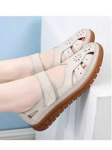 女士真皮平底渔夫凉鞋，舒适休闲夏季鞋，适合工作和日常散步 - 米色 - 查看 5