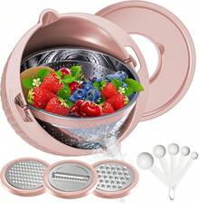 Juego de colador con recipiente - 4 en 1 Colador de alimentos con ralladores y cucharas - Coladores para cocina - Coladores y coladores - Limpiador de frutas con colador para pasta, arroz y verduras, color rosa - Rosa Pálido - Ver 9