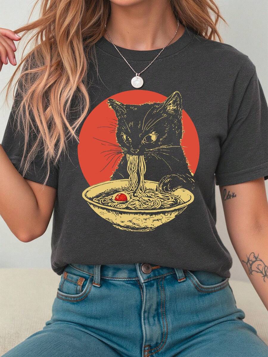 Retro Ramen Cat Lover Pattern Printed Fashion Casual Short Sleeve Summer Fitted Round Neck Women's T-Shirt - Dark Grey - View 1