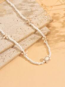 1 pièce Collier à perles de thème océanique de vacances bohème avec décoration de tortue de mer et étoile de mer, collier ras-du-cou polyvalent pour femmes, convient pour le port quotidien, les fêtes de plage, les sorties et les festivals de musique