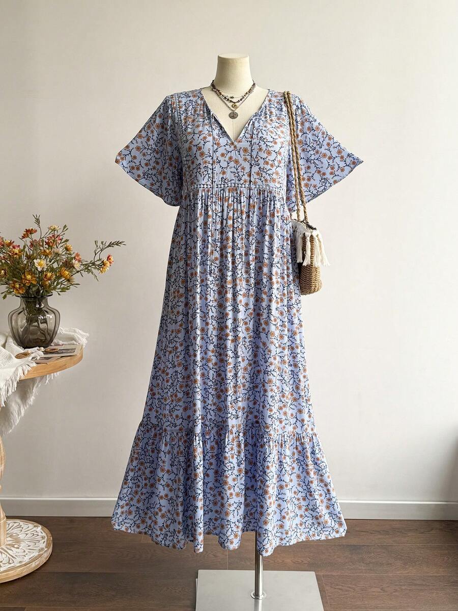 Rusttydustty Đầm Maxi Hoa Xanh Cổ Điển Cỡ Lớn, Cổ Chữ V, Tay Ngắn, Cạp Cao, Dáng Rộng, Dài, Thường Ngày, Mặc Hàng Ngày & Dã Ngoại, Đầm Họa Tiết Hoa Boho