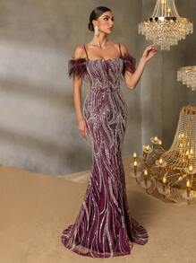 Faeriesty Faeriesty Elegant Off-Shoulder Mermaid Evening Gown - Sequin & Beaded Dress With Feather Embellished Shoulders, Cross Back Strap Detail & High Slit Fish Tail Skirt For Red Carpet Galas, Luxury Wedding Banquets, Elegance Events