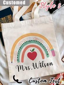 1Pc Custom Teacher Appreciation Tote Bag - Personalized Canvas Beach & Shopping Bag With Monogrammed Name, Personalised Teacher Bag - Custom Rainbow Tote With Floral Design, Large Capacity, Buckle Closure - Ideal Thank You Gift For TA, School Leaver, Or Teaching Assistant, School Bag|Floral Tote Bag - Multicolor - View 6