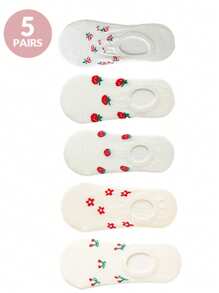 5/10 paires de chaussettes fines pour femmes au printemps et en été, chaussettes invisibles avec motifs de fruits de dessins animés, chaussettes basses blanches de type bateau, chaussettes à bouche peu profonde, chaussettes fines d'été à bouche peu profonde et invisibles de type bateau, chaussettes courtes
