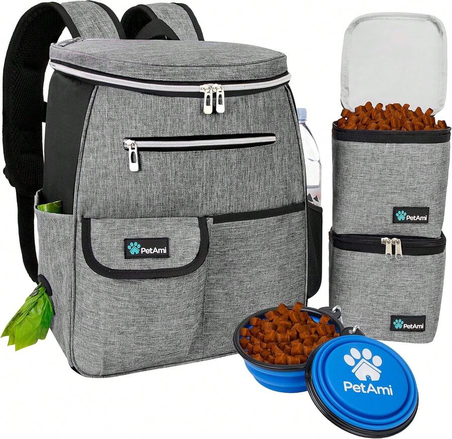 Dog Travel Bag Backpack, Airline Approved Dog Bags For Traveling, Puppy Diaper Bag Supplies, Pet Camping Essentials Hiking Accessories Dog Mom Gift, Food Container, Collapsible Bowls, Gray - 彩色 - 查看 1