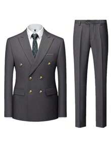 Caelus 时尚新款男士商务双排扣纯色西装外套+西裤 男士修身婚礼两件套西装外套裤子 高品质社交场合礼服 - 灰色 - 查看 4