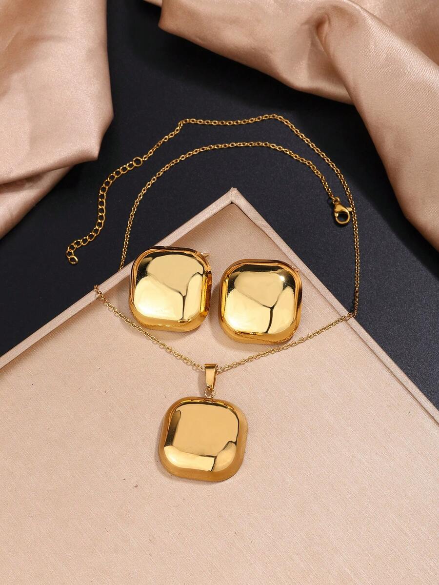 1 套简约个性化纯色几何吊坠不锈钢项链和不锈钢耳环，适合女性日常佩戴或时尚通勤的首饰套装 - 金黃色 - 查看 1