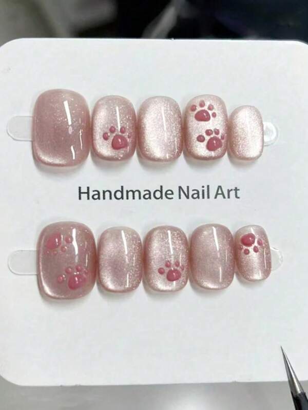 10pcs Cute And Cute Cat Claw Nail Art Pink Cat Eyes Look White Sweet Girl Wearing Armor Short Style Pure Handmade Reusable Use Fake Armor