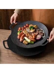 1 件不锈钢双柄韩式烧烤盘，家用电烤箱托盘，多功能户外露营烧烤盘，便捷电炉灶烤盘