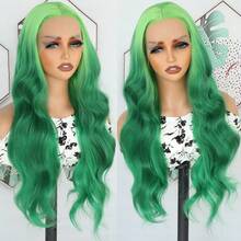 13x4 Free Part HD Lace Front Wig Ombre Purple Color Long Body Wave Synthetic Hair 180% Density Pre-Plucked Glueless Purple Ombre Colored Long Wavy Hair 26 Inch Free Part Soft Natural Look For Women Versatile Styling Options - Green Ombre - 查看 4