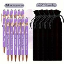20 pezzi Penne a sfera personalizzabili + 20 pezzi Custodie nere per penne, punta fine, corpo in alluminio, cappuccio retrattile, scrittura fluida, leggere, con molletta, compatibili con touch screen, adatte per informazioni e regali personalizzati, utilizzabili come regali di inizio scuola, forniture scolastiche