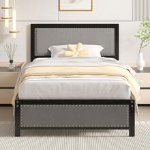 VECELO Modern Upholstered Full Size Bed Frame With Storage, Headboard Shelf, Metal Slats, Noise-Free Design,Grey - Xám - Xem 8