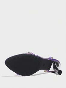 女士时尚性感露趾金属压花激光紫色面料舒适优雅银色粗跟春夏英式一脚蹬踝带迷人独特适合户外旅行、派对、夜间外出紫色高跟凉鞋 - 淡紫色 - 查看 10