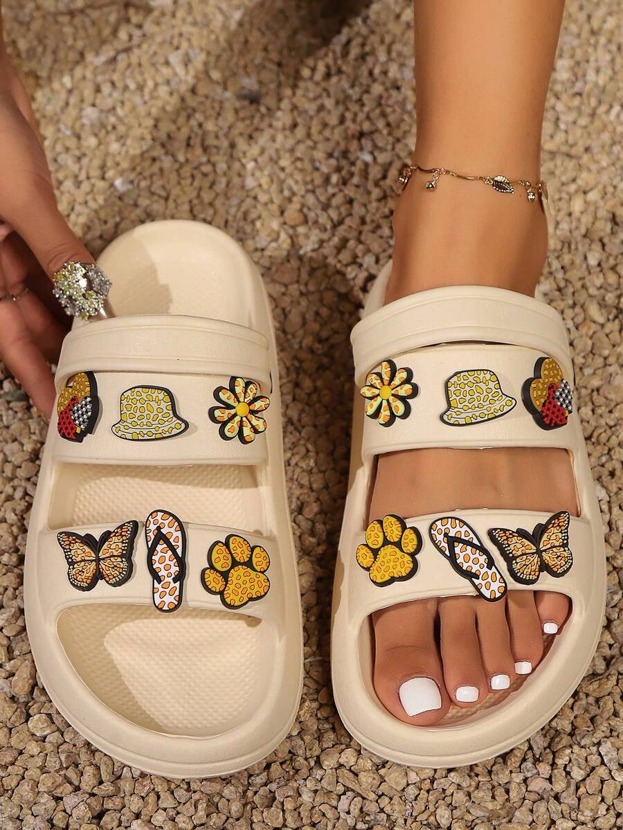 最新时尚女士柔软厚底 EVA 拖鞋，豹纹、蝴蝶和花朵图案，舒适夏季户外/室内浴室防滑拖鞋