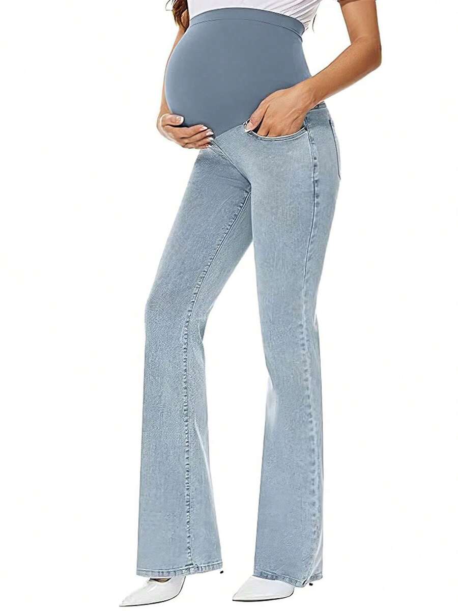 Women's Stretch Maternity Bootcut Jeans With Pockets Over The Belly Slim Stretch Flare Maternity Work Pants Pregnancy Clothes - 淺藍色 - 查看 1