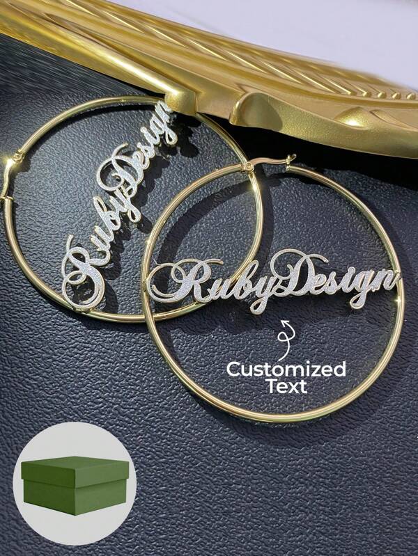 1 Pair Of 7cm Large Hoop Earrings, Customized Name, Text, Personalized Earrings, 18k Gold Fashion Jewelry Stainless Steel, Nameplate Bamboo Earrings - Gold Name Circle - Large Circle Earrings Thanksgiving Christmas