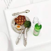 7/9pcs Dollhouse Romantic Dinnerware Set, Metal Delicate Plates With Miniature Food, Miniature Steak! Miniature Red Wine, Christmas/Halloween Decor!