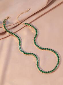 1pc Vintage Charm Elegant Versatile Sparkling Cubic Zirconia Geometric Brass Necklace Choker For Women And Girls, Daily Wear, Teacher's Day, Mother's Day, Valentine's Day, Goddess Day, Thanksgiving, New Year Gift - Dark Green - View 20