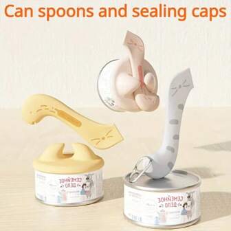 2 pièces d'un set de cuillères en silicone en forme de chat fantaisiste pour la nourriture pour animaux de compagnie - cuillère multifonctionnelle pour l'alimentation en nourriture humide avec ouvre-boîte et manche antidérapant - accessoire de cuisine adorable pour les amateurs et propriétaires de chats, facile à nettoyer et à ranger