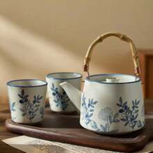 Vintage Japanese Handle Teapot Hand-Painted Household Cold Water Teapot Brewing Teapot Retro Rough Pottery Tea Cup Tea Set (1set, 450ML)