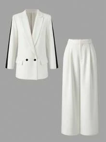 2 件套女士休闲商务宽松西装套装撞色西装外套和松紧腰直筒裤套装，夏季/春季，优雅风格，适合办公室女士，时尚非正式通勤 - 白色撞黑色 - 查看 7