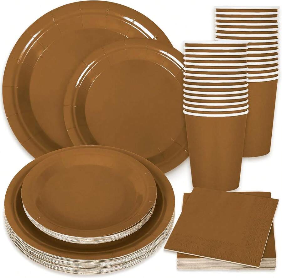 100Pcs Brown Tableware Set Fall Disposable Dinnerware Set 50Pcs Paper Plates 25Pcs Napkin 25Pcs Cups For Wedding Birthday Bride Shower Party Supplies Table Decor - 巧克力棕 - 查看 1