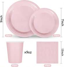 100Pcs Dusty Pink Tableware Set Disposable Dinnerware Set 50Pcs Paper Plates 25Pcs Napkin 25Pcs Cups For Wedding Birthday Bride Shower Party Table Decor - 粉色 - 查看 2
