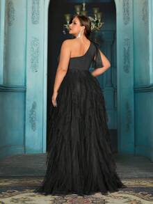 QOQ Robe de soirée formelle d'été élégante et pour grande taille. Convient pour les dîners, événements formels, cocktails, anniversaires, galas. Couleur unie, col asymétrique, fendu - Noir - Voir 2