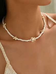 1 pièce Collier à perles de thème océanique de vacances bohème avec décoration de tortue de mer et étoile de mer, collier ras-du-cou polyvalent pour femmes, convient pour le port quotidien, les fêtes de plage, les sorties et les festivals de musique