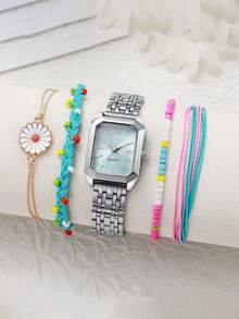 Set de 5 relojes de pulsera de lujo para mujer con brazalete trenzado de cuentas de colores, estilo minimalista y cuadrado, movimiento de cuarzo, sin caja de regalo