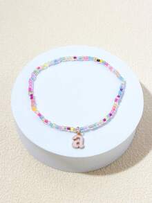 1pc Gradient Pink 26 Letters Pendant Beaded Colorful Plastic Bead Elastic Anklet, Suitable For Young Girls And Teens - Multicolor - View 7