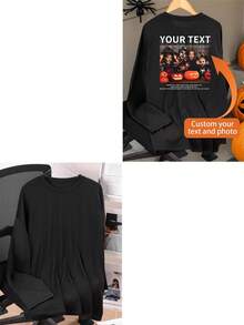 定制个性图案+文字男士长袖T恤，个性照片和文字定制，舒适休闲宽松圆领黑色男士长袖T恤，春秋季