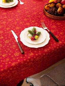 1 pezzo Tovaglia natalizia rossa con motivo a campanelle dorate, lavabile in lavatrice, tovaglia rettangolare adatta per tavolo da pranzo, tavolino da caffè, comodino, ideale per ristorante, festa, vacanze natalizie, Natale, Capodanno, decorazione, regalo