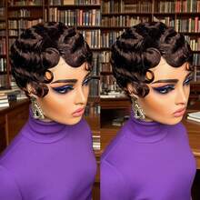 Kurze Pixie-Cut Perücken für Frauen, Echthaarperücke mit Finger Ocean Wave, Remy Echthaar - Verschiedenfarbig - Übersicht 4