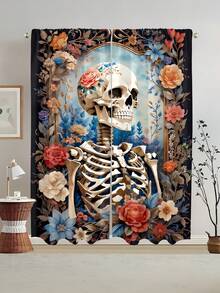 2 件骷髅图案半遮光窗帘，数码印花涤纶，带杆套，可水洗，适用于客厅、卧室、厨房、墙面装饰，四季皆宜 - 彩色 - 查看 5