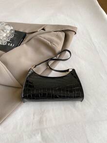 鳄鱼压纹韩版女士手提包，新款时尚单肩包，休闲简约通勤包，月牙造型 - 黑色 - 查看 4