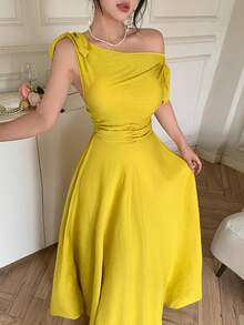abyoxi 黄色性感不对称领口斜肩系带收腰简约A字连衣裙休闲通勤度假沙滩装，返校装，春夏新款女装 - 芥末黃 - 查看 6