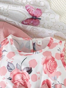 2 件套女童春秋时尚荷叶边下摆夹克搭配精致蝴蝶结花卉印花无袖连衣裙两件套服装，可爱又生动