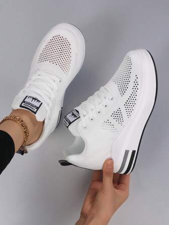 Women Breathable Knit Hollow Sneakers, Casual/Commute/Sports Comfortable Low-Top Thick Soled Hidden Increase Height Solid Color Lace-Up Casual Shoes, Solid Color Athletic Preppy School Knit Office Home Outdoor Hollow