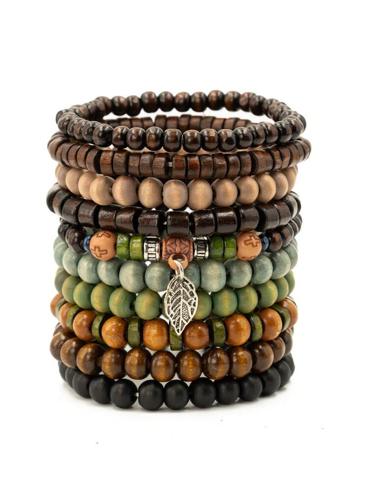 10pcs/Set Bohemian Style Wooden Bead, Sea Turtle, Coconut, Turquoise Bracelet Set, Suitable For Men's Daily Wear - Multicolor - View 15