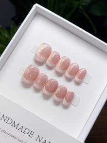 10 Pieces Of Pure Handmade Wearable Nails With Short Square Nail Shape, Hand-Painted Pink Cat Eye French Nails, High-Quality Simple Design Nails,2K Nails, Unique And Niche Creative Fake Nails, Cute Modern Style Nails, Daily Use, Summer And Spring Nails, Detachable Wear And Reusable, Press Nails Hand-Made,-Pressed Nails. Press On Nails Nail Supplies Nails - Multicolor - View 6