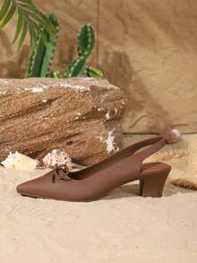 Tacones altos de punta fina informales para mujer, tacón ancho de primavera/verano con moño, bombas de vestir elegantes y formales en color marrón - Marrón - Ver 5