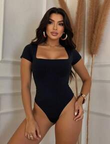 Kit 2 Women's Suplex Premium Bodysuit Lined Square Neckline Short Sleeve Second Skin Elegant Blouse