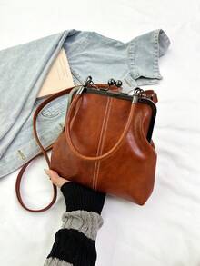 1个复古仿皮斜挎包，女士复古风吻锁迷你手提包，配有可调节肩带，纯色轻便都市手提包，涤纶衬里，男女通用 - 棕色 - 查看 10