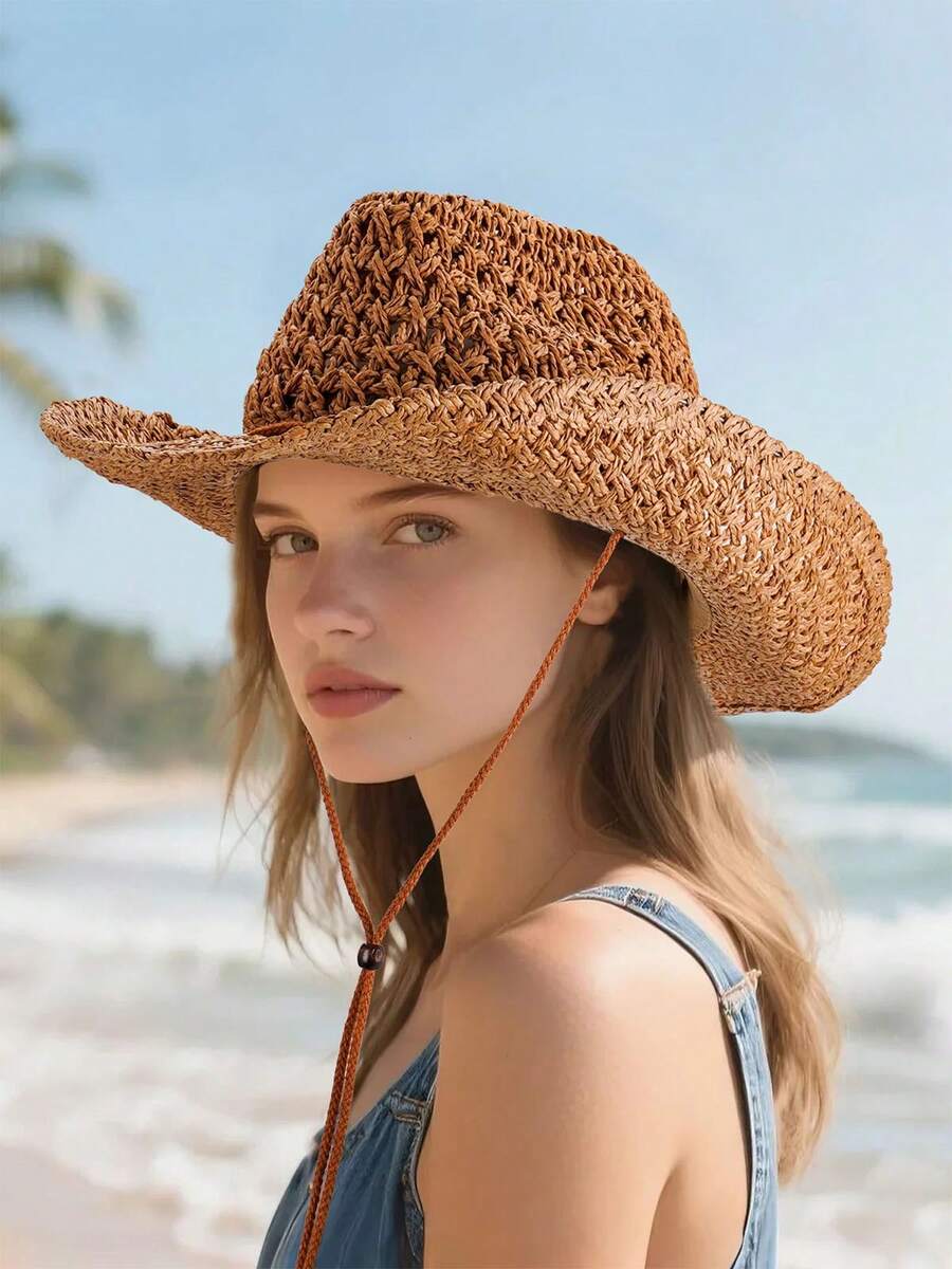 Summer Straw Sun Beach Cowboy Hat Men's Women's Straw Cowboy Hat — free download