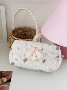 1 Pieza Bolsa de maquillaje con patrón de osito de dibujos animados, bolsa de almacenamiento de maquillaje acolchada con corazón lindo para niña, bolsa grande y portátil para lápices de estudiante, esencial de viaje para vacaciones, verano, vuelta al colegio, bolsa para la escuela, bolsa de viaje para mujeres, bolsa de maquillaje para viajes - Multicolor - Ver 3