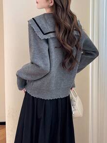 Alicedudu Women's Vintage Navy Collar Bow Decor Cardigan, Autumn/Winter - Grey - View 2