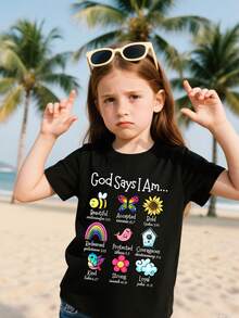 少女蝴蝶与字母标语印花短袖T恤，夏季