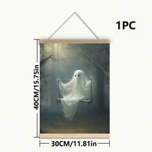 1 件秋千帆布海报 - 可怕的万圣节墙壁艺术与可爱的幽灵，带框卡通风格装饰，适合客厅、卧室或家庭办公室，室内使用，非常适合儿童房或浴室，万圣节装饰