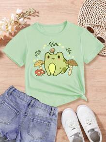 1 pieza Camiseta de manga corta con cuello redondo y estampado gráfico informal para niñas y estudiantes en verano, camiseta de moda joven con estampado de letra en inglés que inspira